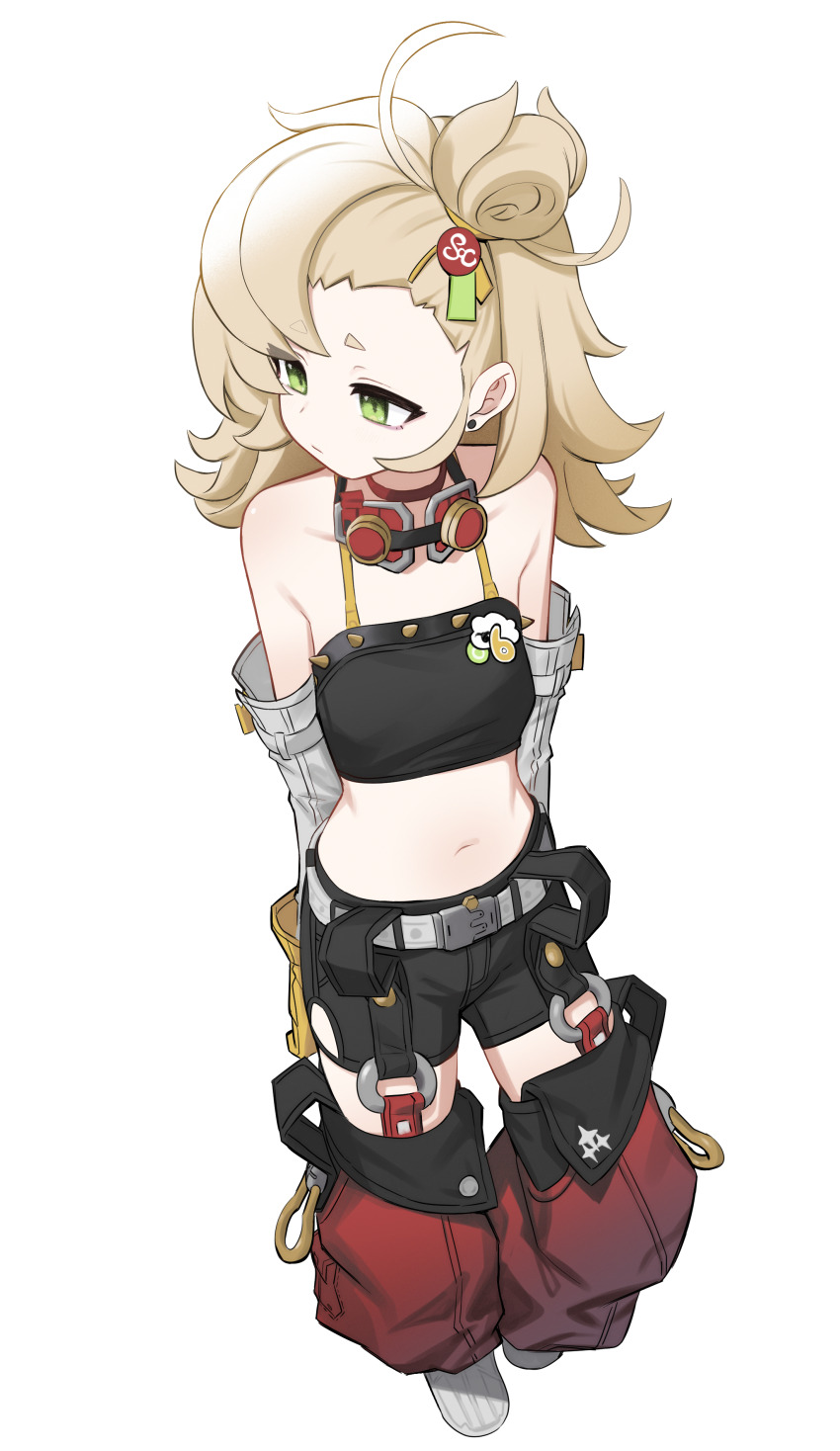 1girl, absurdres, arms_behind_back, aruruaaaa, bare_shoulders, belt, black_shorts, blonde_hair