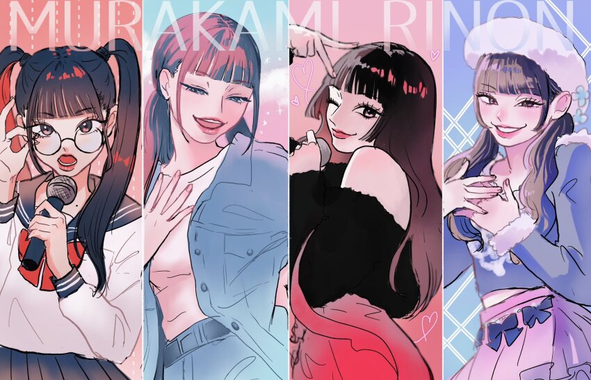 1girl, adjusting_eyewear, animification, belt, beret, black_belt, black_eyes, black_hair