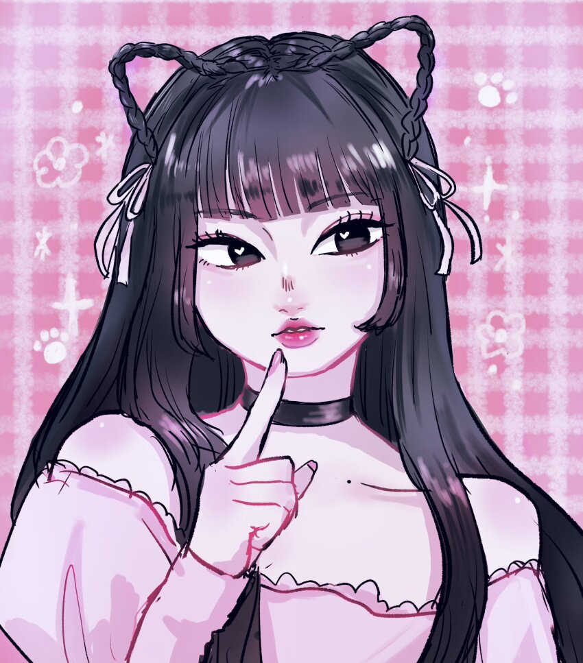 1girl, animification, black_choker, black_eyes, black_hair, bow-shaped_hair, choker, collarbone