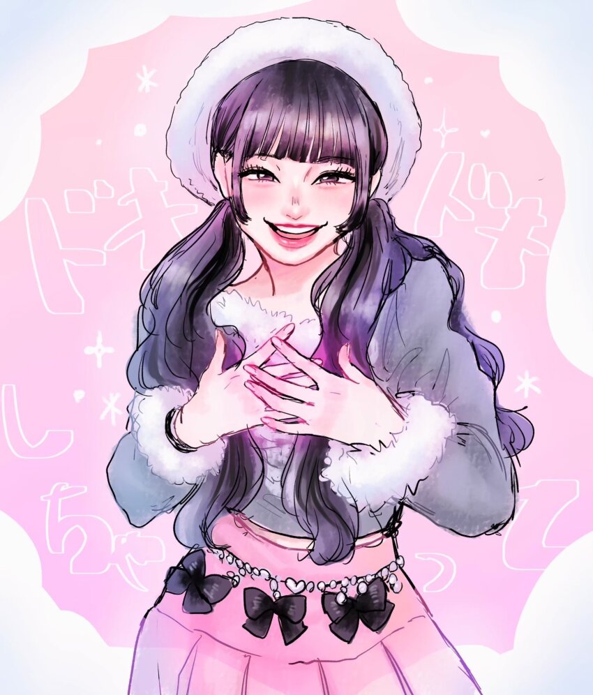 1girl, animification, beret, black_bow, black_eyes, black_hair, bow, fur-trimmed_shirt