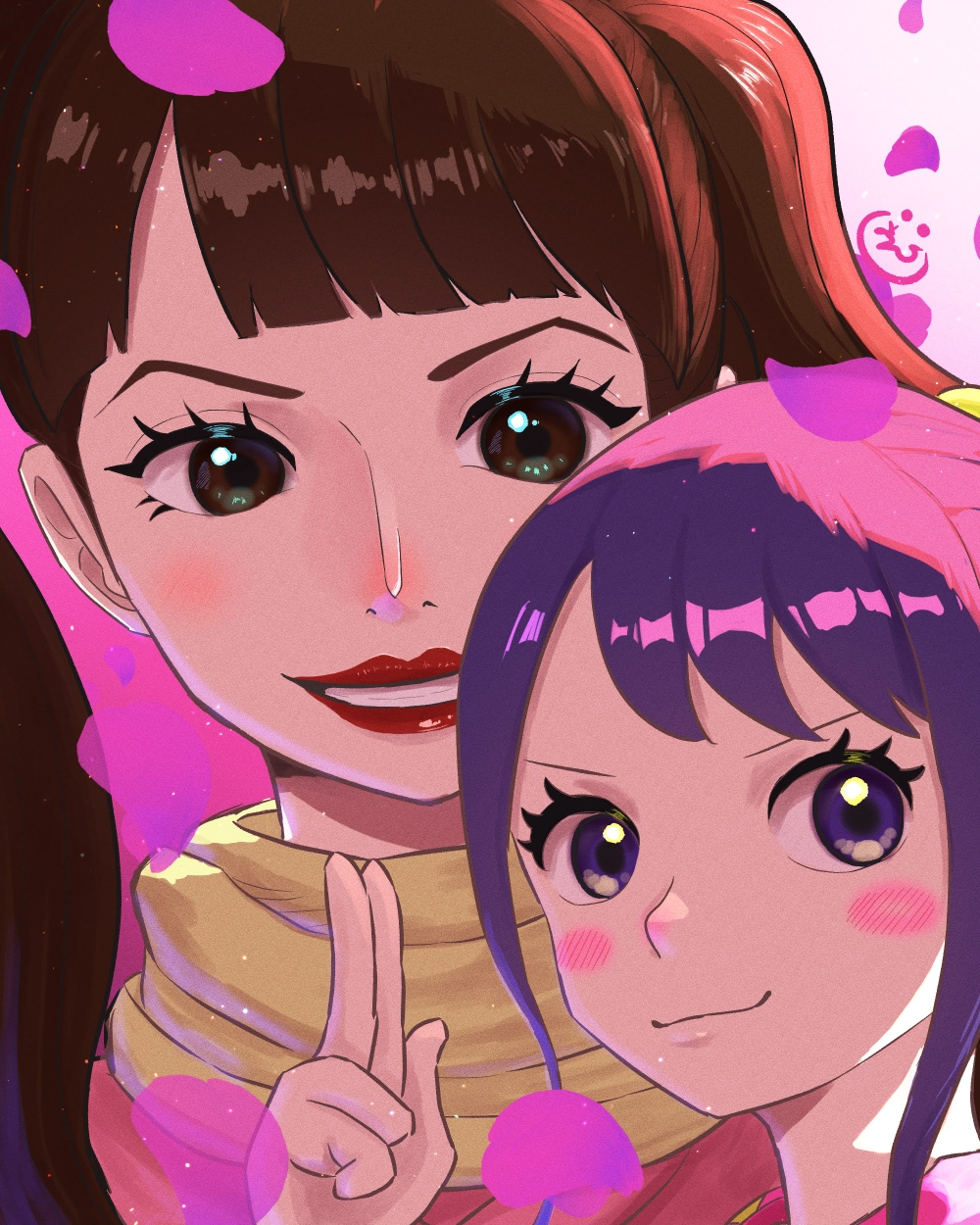 2girls, brown_eyes, brown_hair, closed_mouth, falling_petals, highres, kurozumi_tama, multiple_girls, one_piece, onepiece_banbi, petals, purple_eyes, purple_hair, red_lips, shinobu_(one_piece), smile, twintails