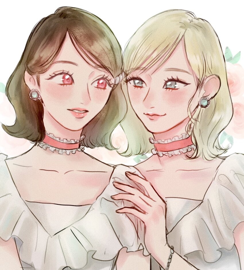 2girls, animification, blonde_hair, blue_eyes, blush, brown_hair, choker, collarbone