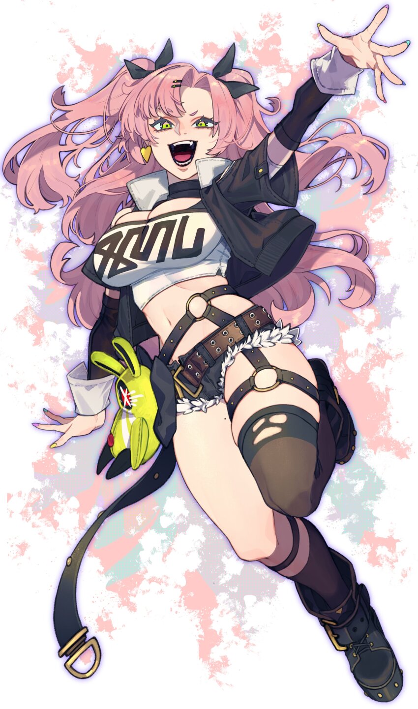 1girl, absurdres, asymmetrical_legwear, belt, crop_top, detached_sleeves, earrings, fur-trimmed_shorts