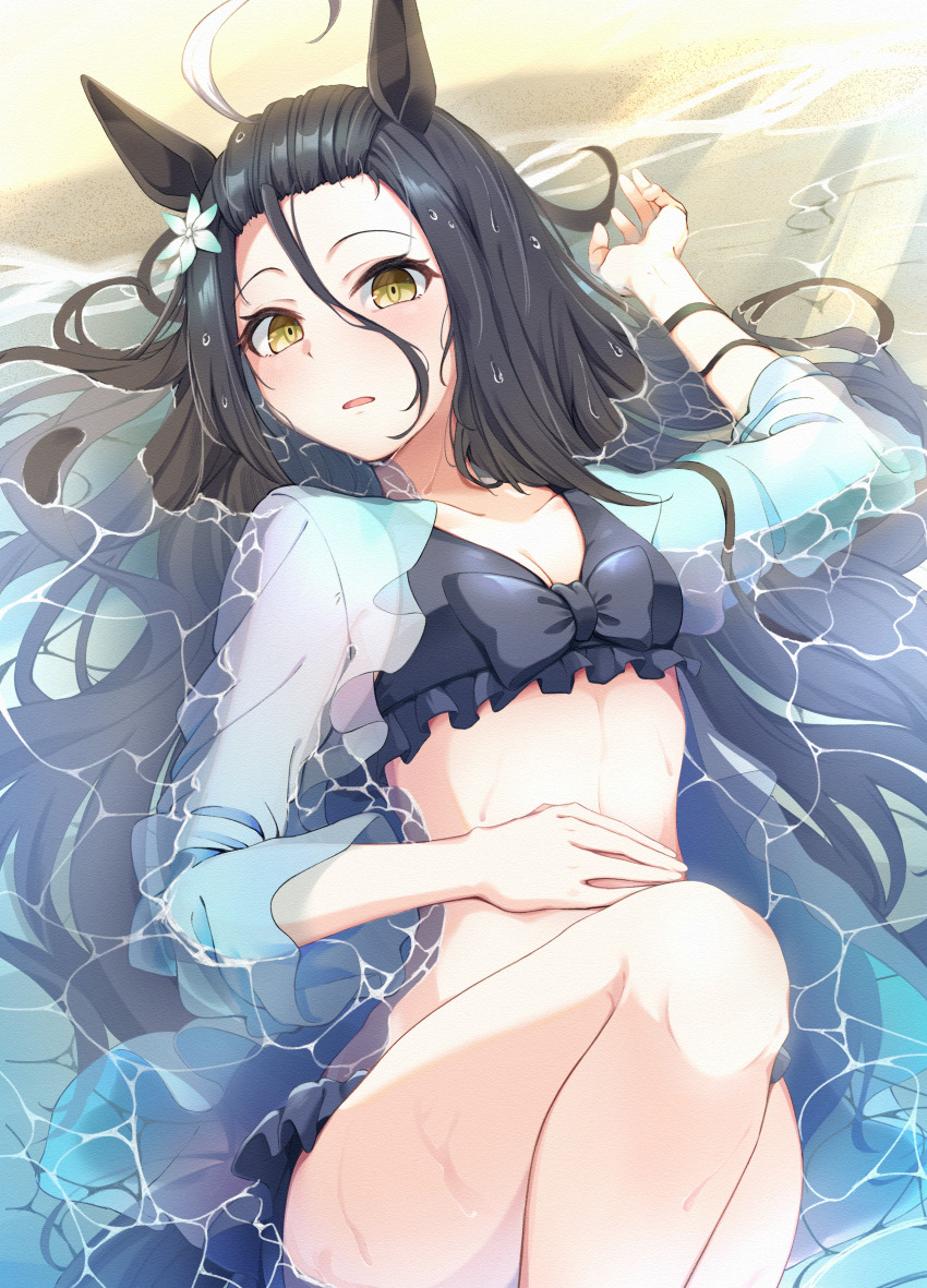 1girl, absurdres, ahoge, animal_ears, beach, bikini, black_bikini, black_hair