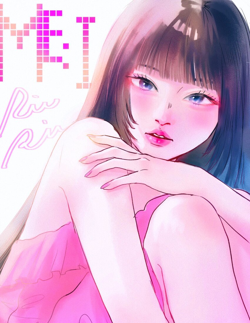 1girl, bare_shoulders, black_eyes, black_hair, blush, copyright_name, dress, hand_on_own_shoulder