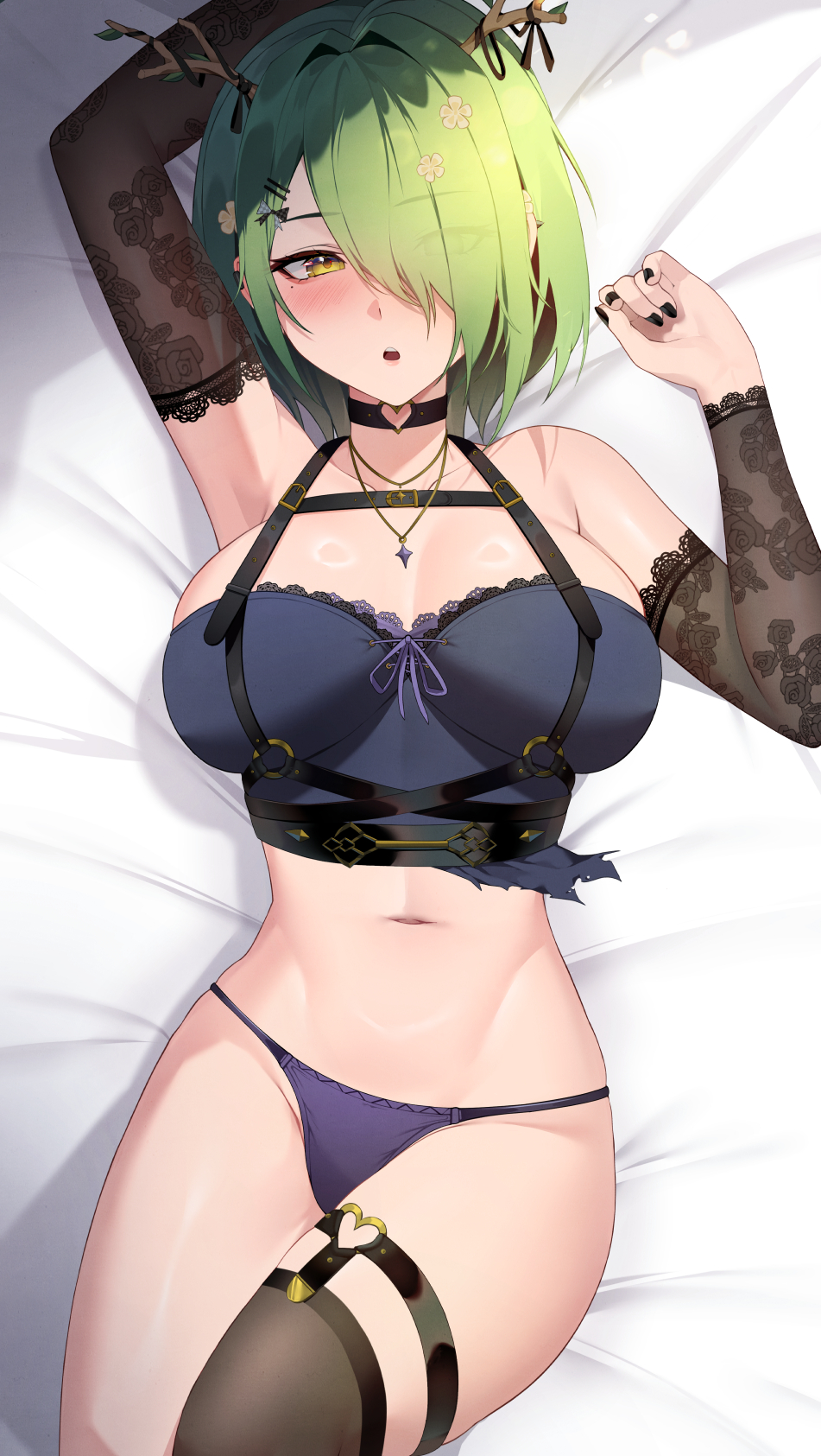 1girl, arm_up, bed_sheet, black_choker, black_nails, black_sleeves, black_thighhighs, breasts