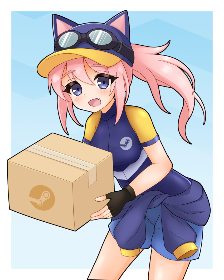 1girl, animal_ear_headwear, animal_hat, baseball_cap, black_gloves, blue_background, blue_eyes, blue_jacket, blue_shorts, border, box, cat_hat, clothes_around_waist, dashimoro, fake_animal_ears, fang, fingerless_gloves, gloves, goggles, goggles_on_headwear, gradient_background, hat, highres, holding, holding_box, jacket, light_blush, long_hair, looking_at_viewer, open_mouth, pink_hair, ponytail, shirt, shirt_around_waist, short_sleeves, shorts, sidelocks, skin_fang, smile, solo, steam_(platform), steam_delivery_girl, white_background, white_border