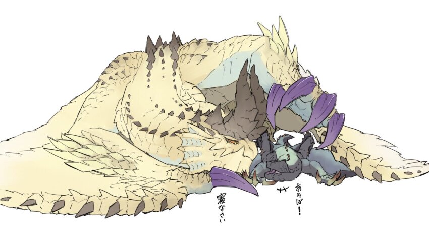 black_scale, brown_claws, claws, dragon, fang, gold_scales, gore_magala, horns, lying, monster_hunter_(series), purple_claws, red_eyes, reptile, scales, shagaru_magala, spikes, sweatdrop, taneimo_drop, underbite, wings