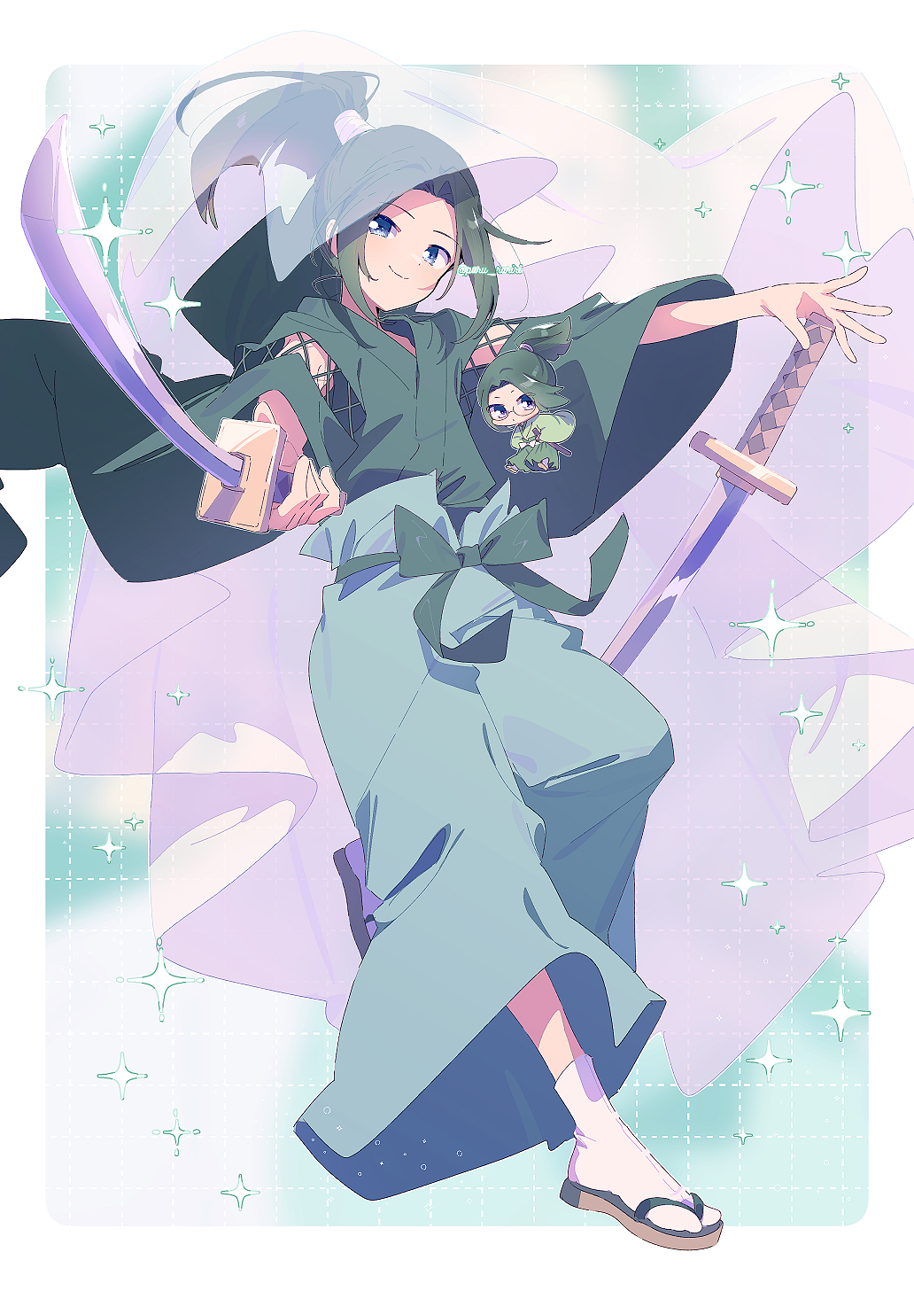 2boys, blue_eyes, border, bow, brown_footwear, chibi, closed_mouth, detached_sleeves