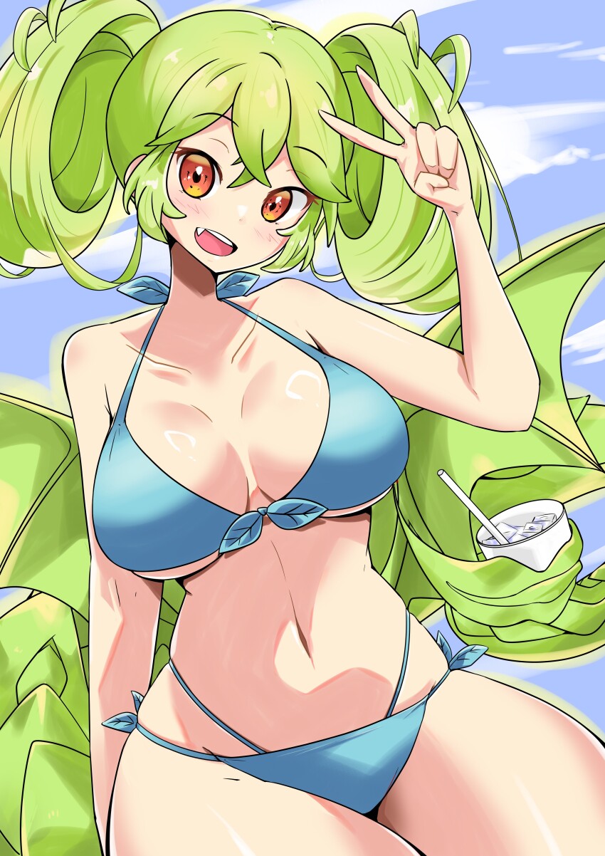 1girl, absurdres, alternate_costume, bikini, blue_bikini, breasts, cleavage, cup, dragon_girl, dragon_tail, dragon_wings, drill_hair, duel_monster, green_hair, highres, kamo_(riverside_kamo), large_breasts, midriff, navel, orange_eyes, parlor_dragonmaid, smile, solo, swimsuit, tail, twintails, v, wings, yu-gi-oh!