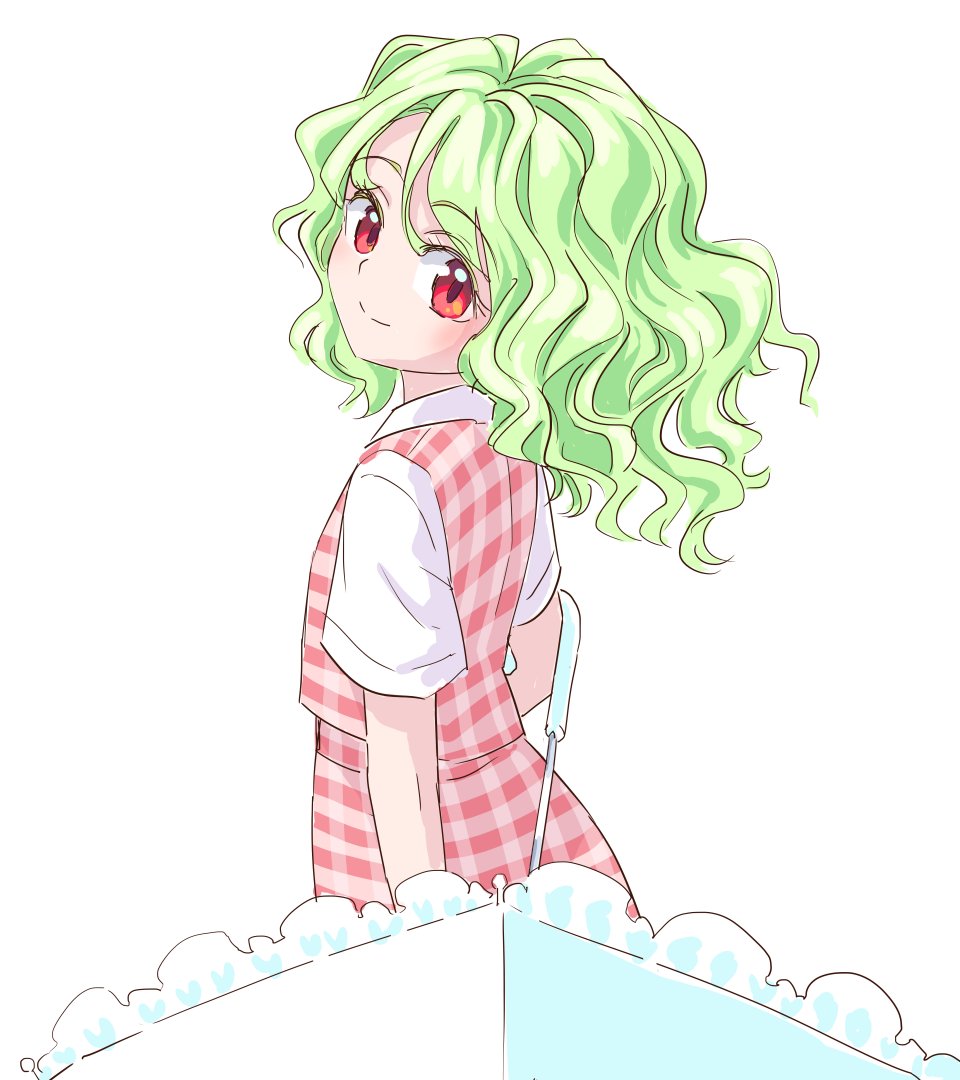 1girl, from_behind, green_hair, hair_between_eyes, kazami_yuuka, looking_at_viewer, looking_back, medium_hair, plaid_clothes, plaid_skirt, plaid_vest, red_eyes, red_skirt, red_vest, s-a-murai, shirt, short_sleeves, skirt, smile, solo, touhou, umbrella, umbrella_on_arm, vest, white_background, white_shirt