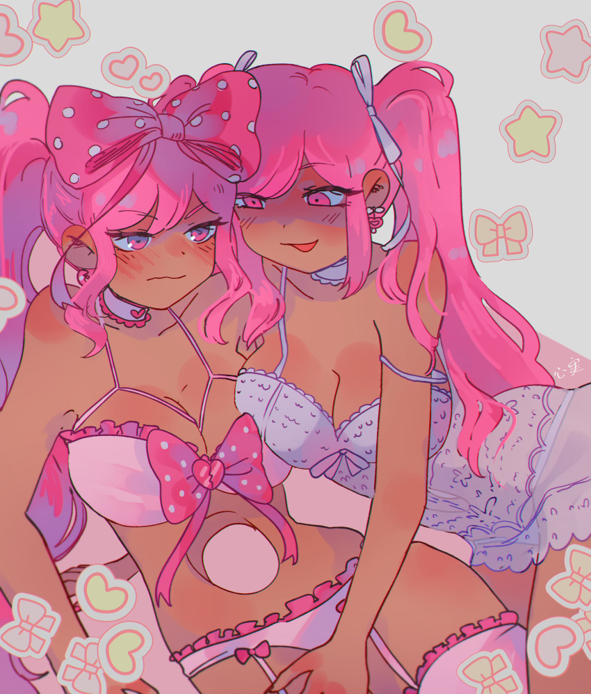 2girls, absurdres, blush, bow, bra, breasts, cleavage, closed_mouth