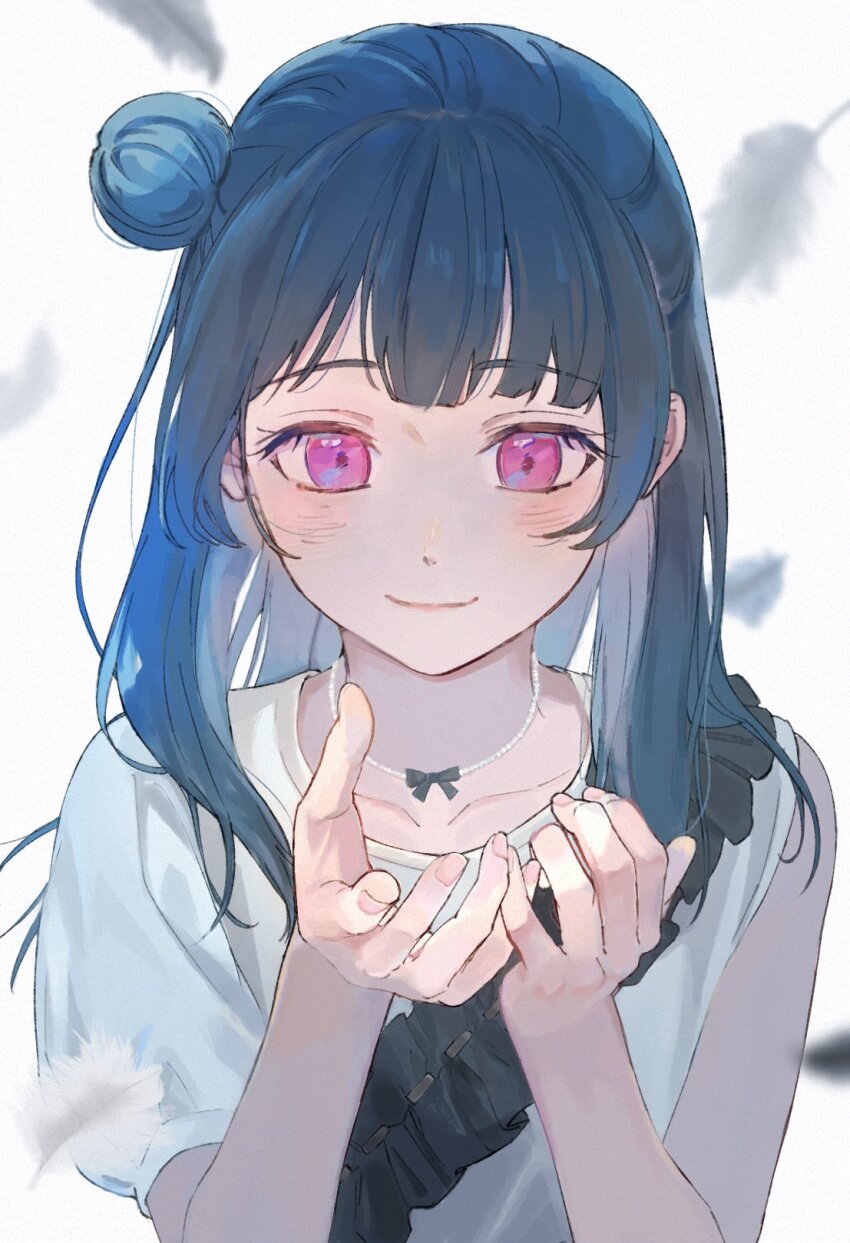 1girl, blue_hair, blurry, blurry_foreground, blush, book_the_star, closed_mouth, collarbone