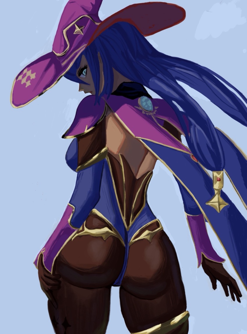 1girl, ass, back_cutout, blue_eyes, blue_hair, blue_leotard, breasts, brown_gloves