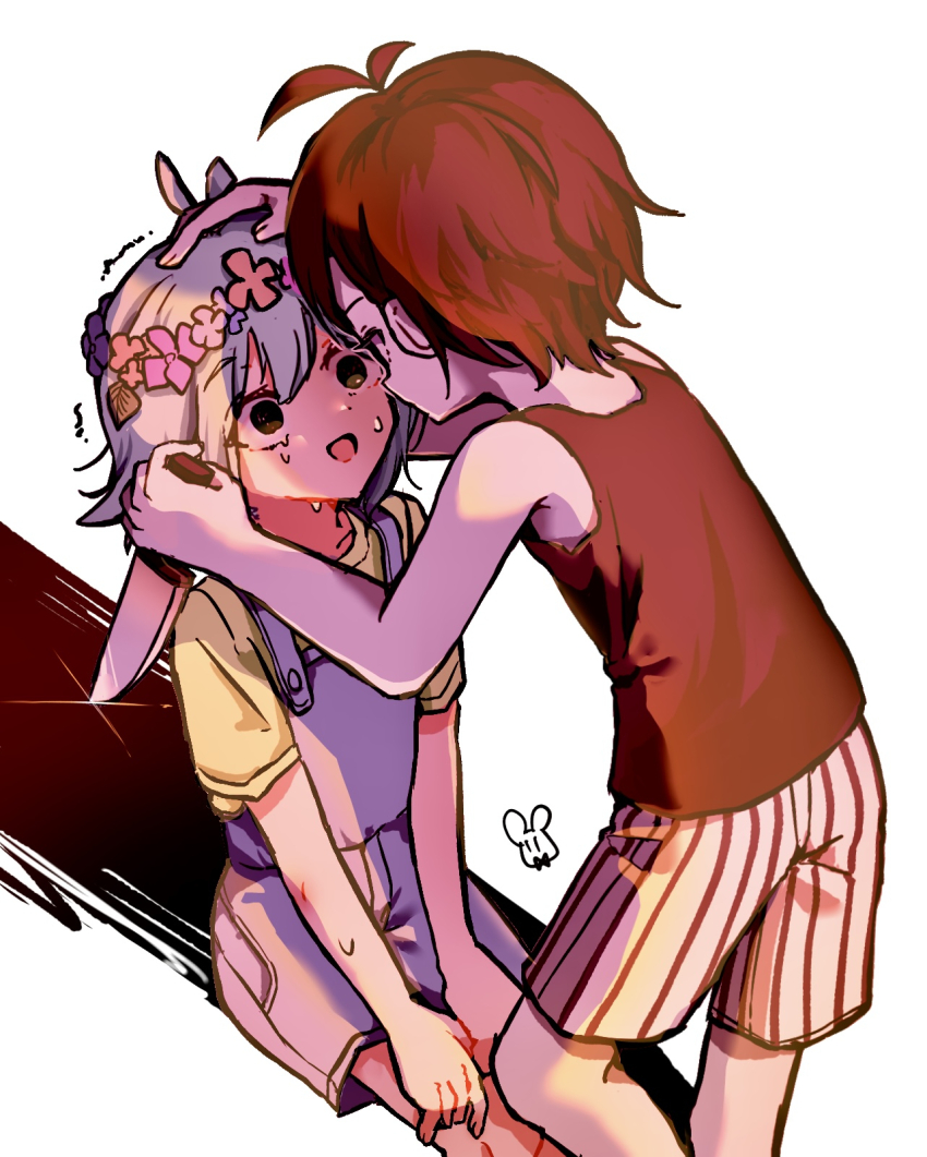 007f89_siyo, 2boys, basil_(headspace)_(omori), basil_(omori), black_hair, blue_overalls, colored_skin, green_hair