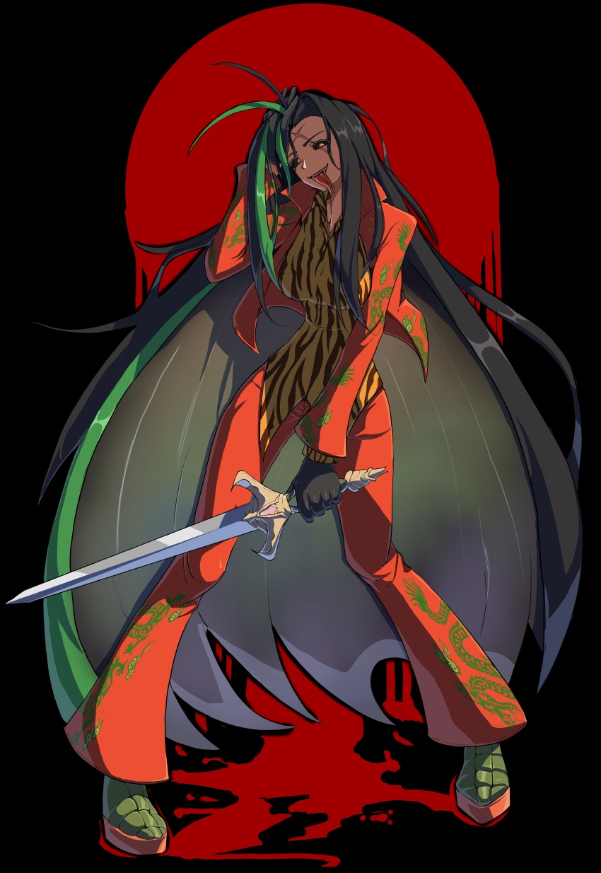 1girl, absurdly_long_hair, absurdres, animal_print, black_gloves, black_hair, black_sclera, breasts