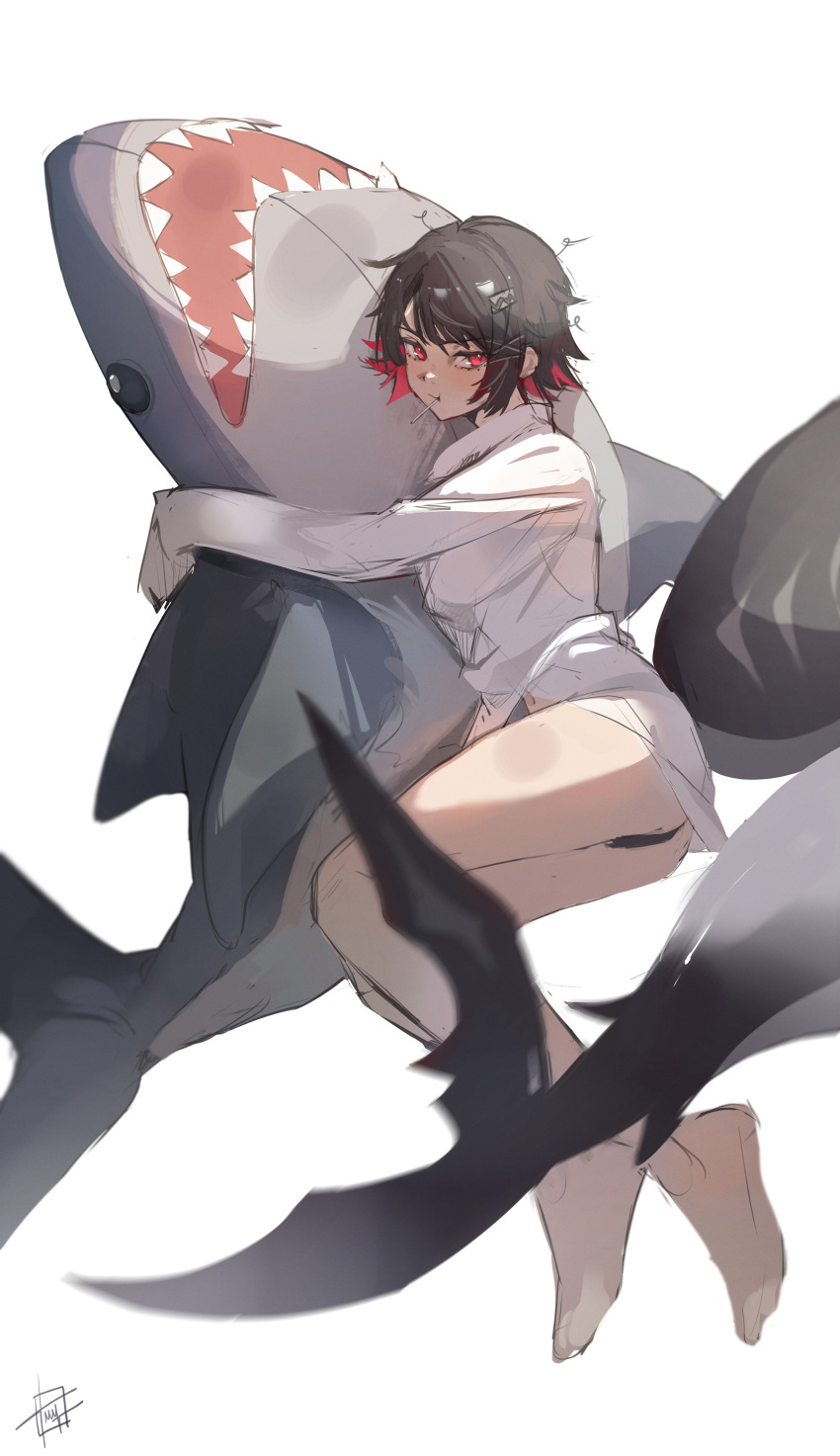 1girl, absurdres, black_hair, black_panties, candy, colored_inner_hair, commentary, ellen_joe, fins, fish_tail, food, food_in_mouth, hashtag-only_commentary, highres, holding, holding_stuffed_toy, hugging_object, littlemisstina_(artist), lollipop, long_sleeves, looking_at_viewer, messy_hair, mihoyo, multicolored_hair, no_pants, panties, red_eyes, red_hair, scar, scar_on_tail, shark, shark_girl, shark_tail, shirt, simple_background, solo, stuffed_animal, stuffed_shark, stuffed_toy, tail, underwear, white_background, white_shirt, zenless_zone_zero