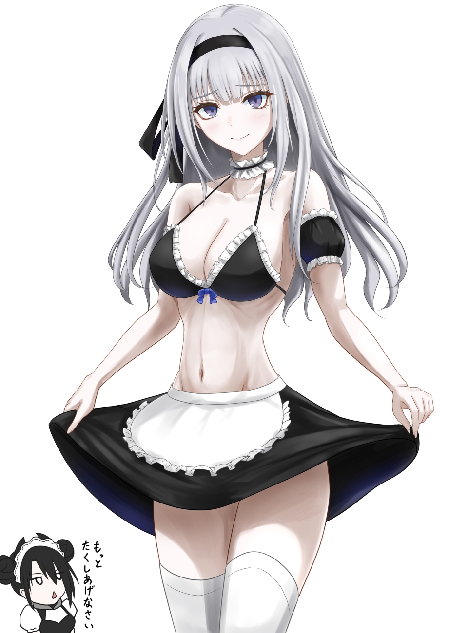 2girls, agent_(girls'_frontline), apron, bikini, bikini_top_only, black_hair, black_hairband, black_skirt, blush, breasts, cleavage, closed_mouth, commentary_request, cowboy_shot, double_bun, eyeliner, eyeshadow, frilled_bikini, frills, girls'_frontline, grey_hair, hair_bun, hairband, highres, holding_own_skirt, long_hair, looking_at_viewer, maid_apron, makeup, mosoro, multiple_girls, navel, nyto_(girls'_frontline), open_mouth, purple_eyes, red_eyeliner, red_eyeshadow, sana_(boss)_(girls'_frontline), sana_(girls'_frontline), simple_background, skirt, smile, stomach, swimsuit, thighhighs, translation_request, triangle_mouth, waist_apron, white_apron, white_background, white_thighhighs