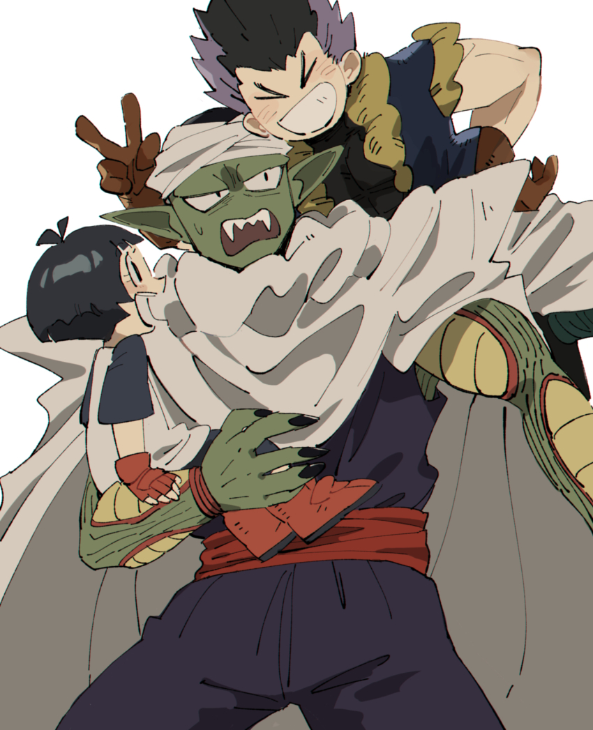 >_<, 1girl, 2boys, antenna_hair, black_eyes, black_hair, black_nails, black_pants, black_sleeves, blush, brown_gloves, cape, child, colored_skin, dragon_ball, dragon_ball_heroes, dragon_ball_super, dragon_ball_super_super_hero, eyelashes, fingerless_gloves, fingernails, gloves, gotenks, green_skin, grin, hand_on_own_hip, highres, long_pointy_ears, looking_up, mashita._(mentaiko_omoti), metamoran_vest, multicolored_hair, multiple_boys, namekian, open_mouth, pan_(dragon_ball), pants, piccolo, pointy_ears, purple_hair, purple_pants, purple_shirt, raglan_sleeves, red_footwear, red_gloves, red_sash, saiyan, sash, sharp_fingernails, sharp_teeth, shirt, short_hair, shoulder_pads, sleeveless, sleeveless_shirt, smile, spiked_hair, sweatdrop, t-shirt, teeth, turban, two-tone_hair, uncomfortable, v, white_cape, white_shirt, widow's_peak