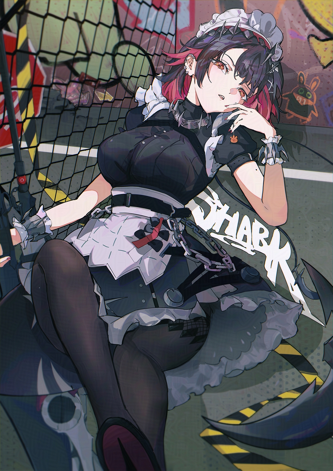 1girl, black_hair, black_pantyhose, breasts, choker, cityscape, commentary, earrings, ellen_joe, fingernails, fins, fish_tail, hair_between_eyes, hair_ornament, hairclip, highres, jewelry, large_breasts, looking_at_viewer, maid, maid_headdress, mole, mole_under_eye, nail_polish, open_mouth, outdoors, pantyhose, red_eyes, red_hair, red_nails, shark_tail, short_hair, sidelocks, sitting, solo, spiked_choker, spikes, tail, tamago_nashi, zenless_zone_zero