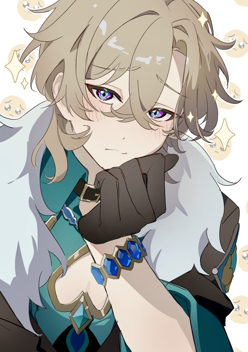 1boy, aventurine_(honkai:_star_rail), black_gloves, blonde_hair, blue_eyes, blush, bracelet, commentary