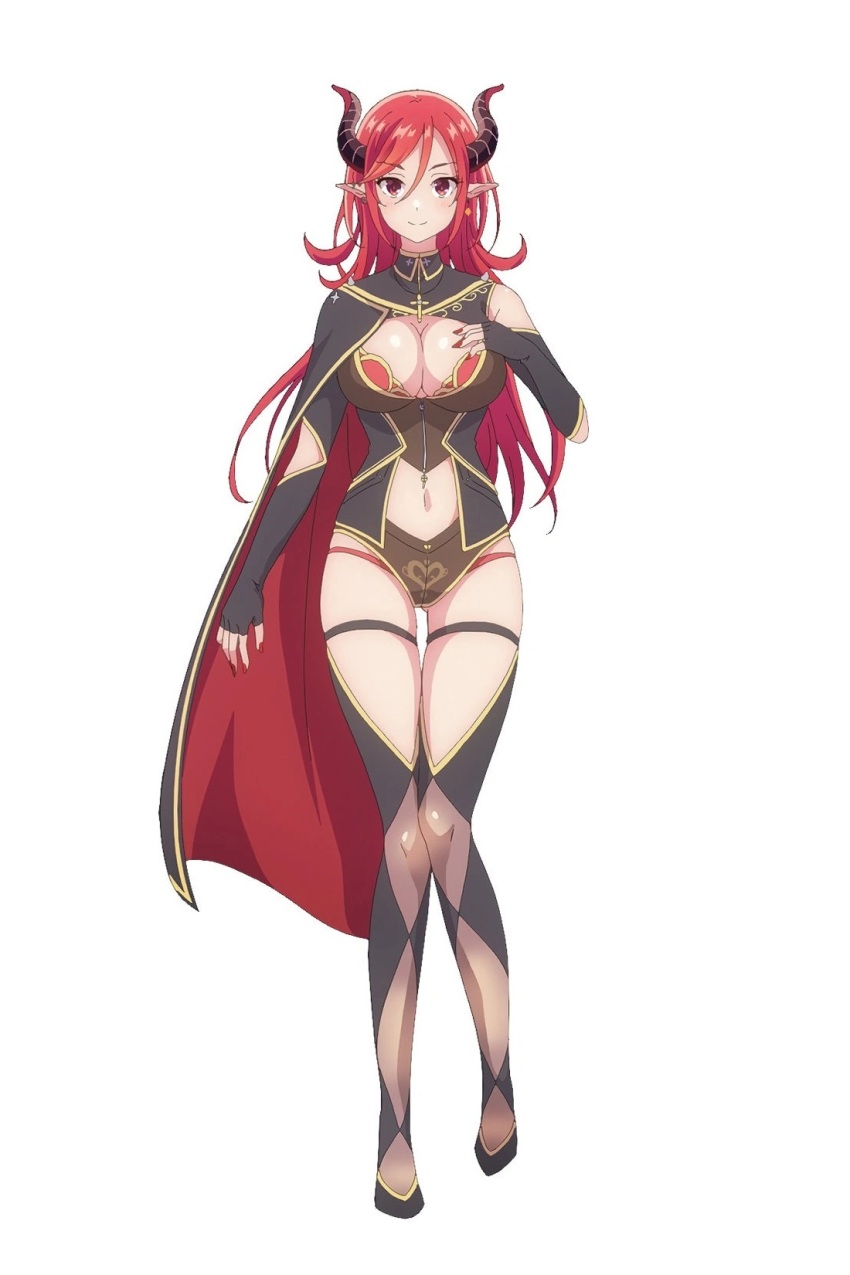 1girl, cleavage_cutout, clothing_cutout, demon_girl, demon_horns, highres, horns, nail_polish, official_art, pointy_ears, red_eyes, red_hair, utsuki_sei, vtuber_nandaga_haishin_kiriwasuretara_densetsu_ni_natteta