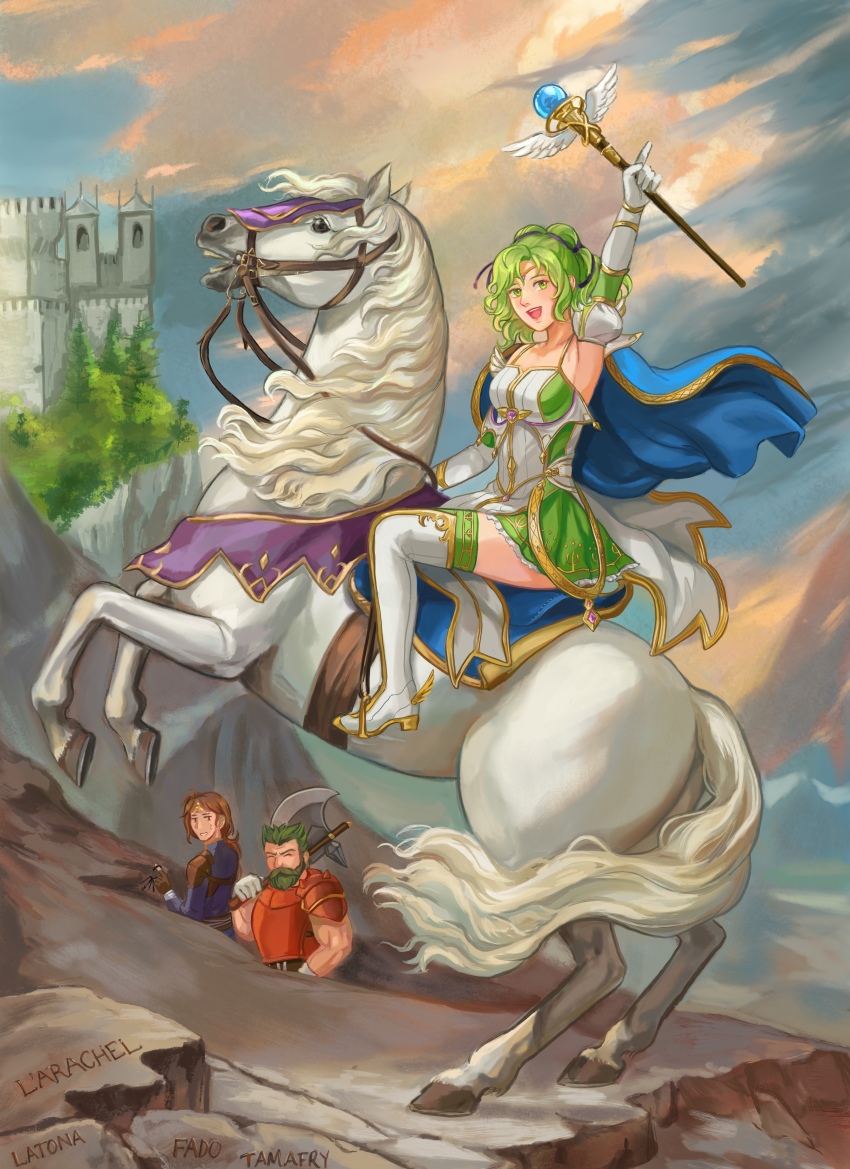 1girl, 2boys, :d, absurdres, blue_cape, boots, cape, dozla_(fire_emblem)
