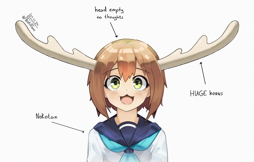 1girl, :3, :d, absurdres, antlers, aqua_neckerchief, arrow_(symbol), blue_sailor_collar