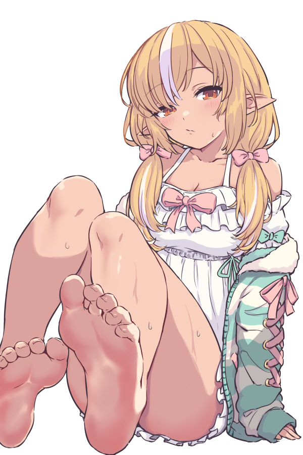 1girl, bare_legs, bare_shoulders, barefoot, blonde_hair, bow, breasts, brown_eyes, cleavage, collarbone, dark-skinned_female, dark_skin, dress, eternaltanbo, feet, female_focus, foot_focus, frilled_dress, frills, full_body, hair_bow, hololive, jacket, long_hair, long_sleeves, looking_at_viewer, medium_breasts, multicolored_hair, off_shoulder, official_alternate_costume, open_clothes, open_jacket, pink_bow, pointy_ears, shiranui_flare, shiranui_flare_(loungewear), short_dress, simple_background, sitting, sleeves_past_wrists, soles, solo, streaked_hair, striped_clothes, striped_jacket, sweat, sweatdrop, toe_scrunch, toes, virtual_youtuber, white_background, white_dress, white_hair