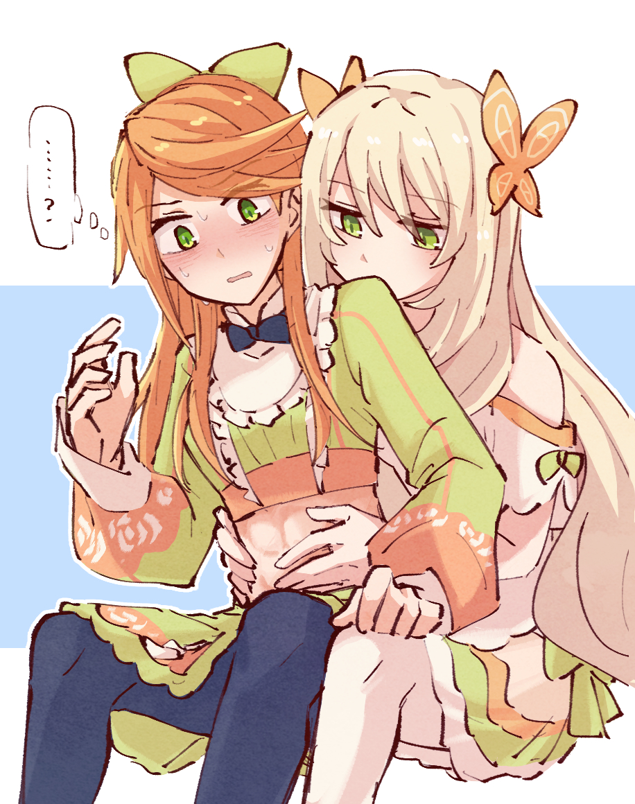 ...?, 2girls, abs, alonemistrist, black_leggings, blonde_hair, bow, celine_(fire_emblem)