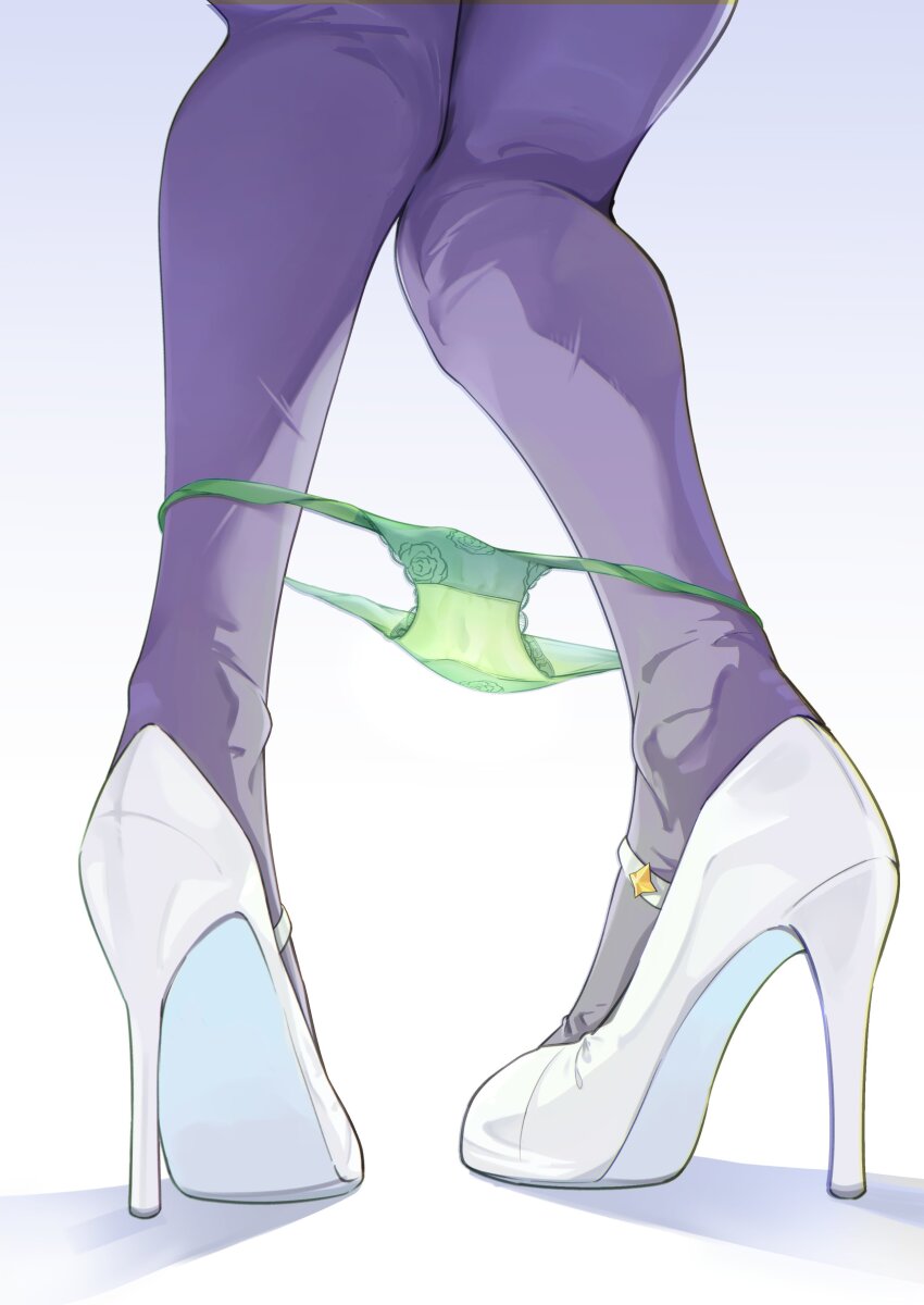 1girl, absurdres, black_pantyhose, boots, commentary, crotch_seam, english_commentary, feet, foot_focus, green_panties, high_heel_boots, high_heels, highres, king_halo_(umamusume), legs, panties, panties_around_ankles, panty_pull, pantyhose, solo, thighhighs, umamusume, underwear, yonemochi_yume