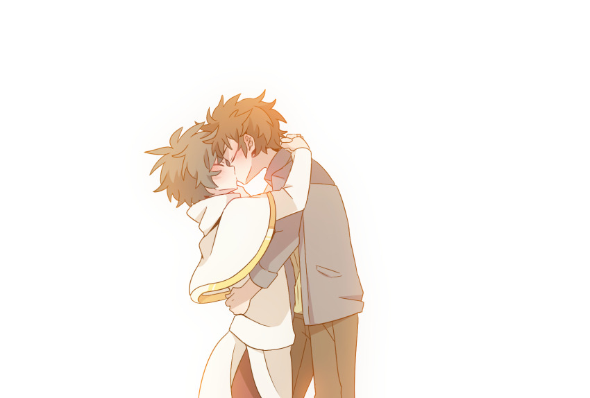 1boy, 1girl, black_hair, blush, brown_pants, capelet, closed_eyes, commentary_request