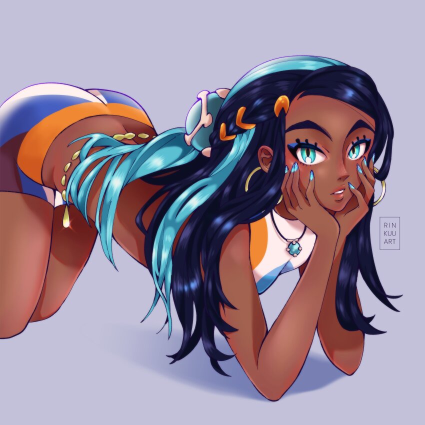 1girl, absurdres, artist_name, ass, bare_arms, bare_legs, belly_chain, black_hair, blue_eyes, blue_eyeshadow, blue_hair, breasts, crop_top, dark-skinned_female, dark_skin, earrings, elbows_on_ground, eyeshadow, hair_bun, head_rest, highres, hoop_earrings, jewelry, kneeling, long_hair, makeup, midriff, multicolored_hair, necklace, nessa_(pokemon), nintendo, pokemon, pokemon_sword_and_shield, rinkuu_art, shorts, single_hair_bun, solo, two-tone_hair