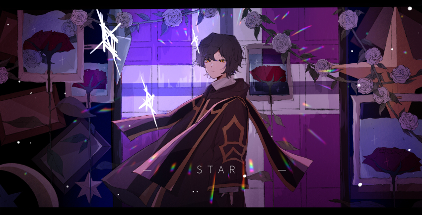 1boy, absurdres, black_hair, brown_coat, closed_mouth, coat, commentary_request, english_text