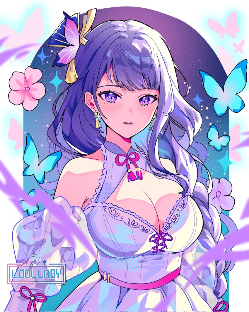 1girl, alternate_costume, armpit_crease, artist_name, bare_shoulders, braid, breasts, cleavage