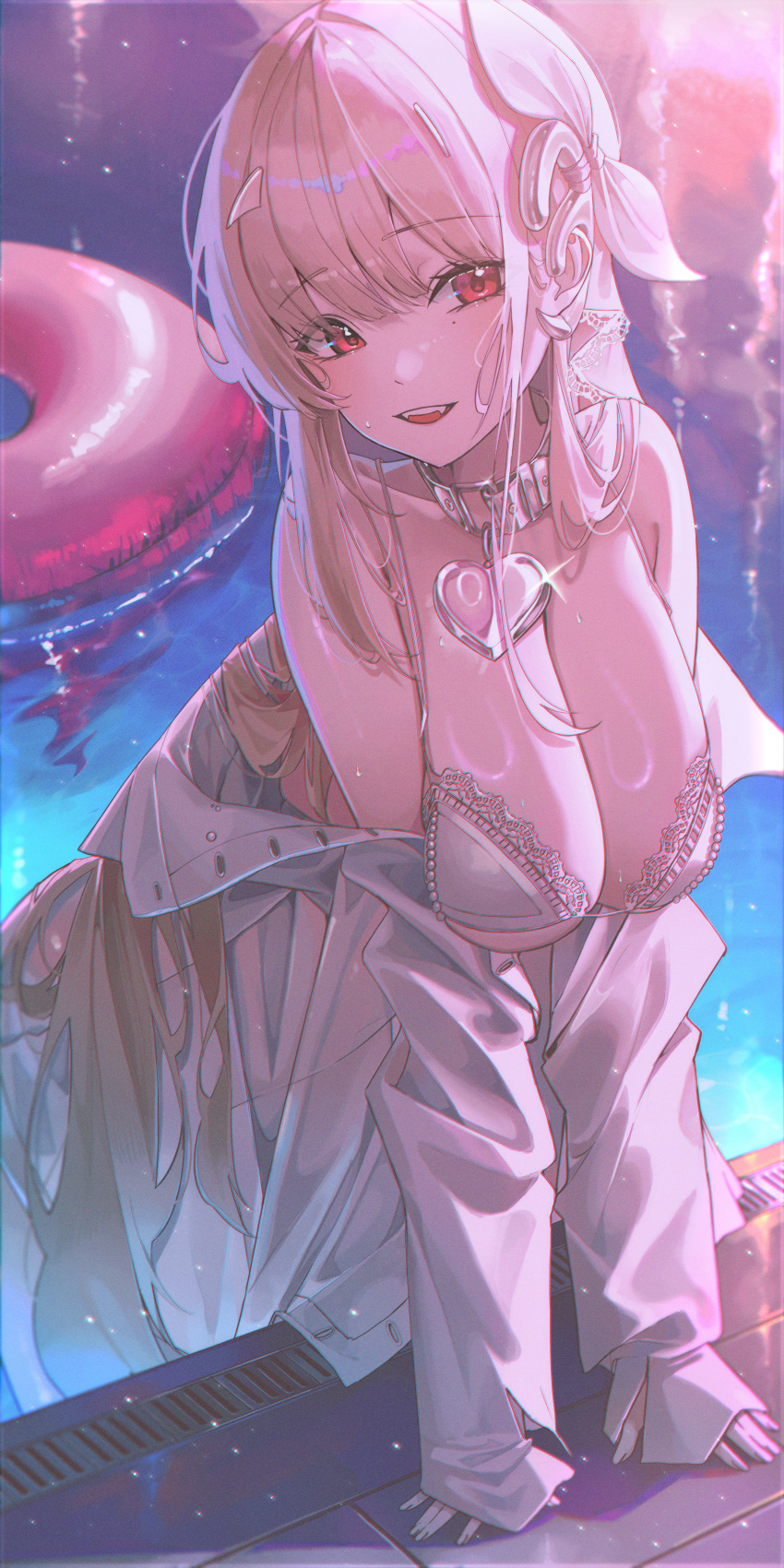 1girl, absurdres, belt_collar, bikini, bra, breasts, breasts_squeezed_together, cleavage