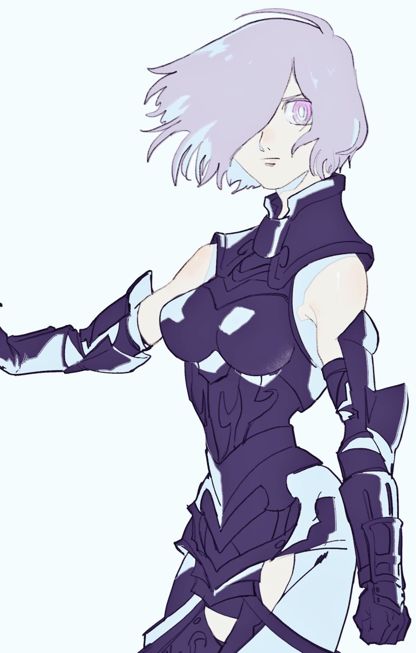 1girl, arm_up, armor, bare_shoulders, blue_background, bondo_(doretto23), breastplate, clenched_hand, closed_mouth, fate/grand_order, fate_(series), hair_flowing_over, hair_over_eyes, highres, looking_at_viewer, mash_kyrielight, mash_kyrielight_(demi-servant), purple_eyes, purple_hair, simple_background, sketch, solo_focus, sparkling_eyes