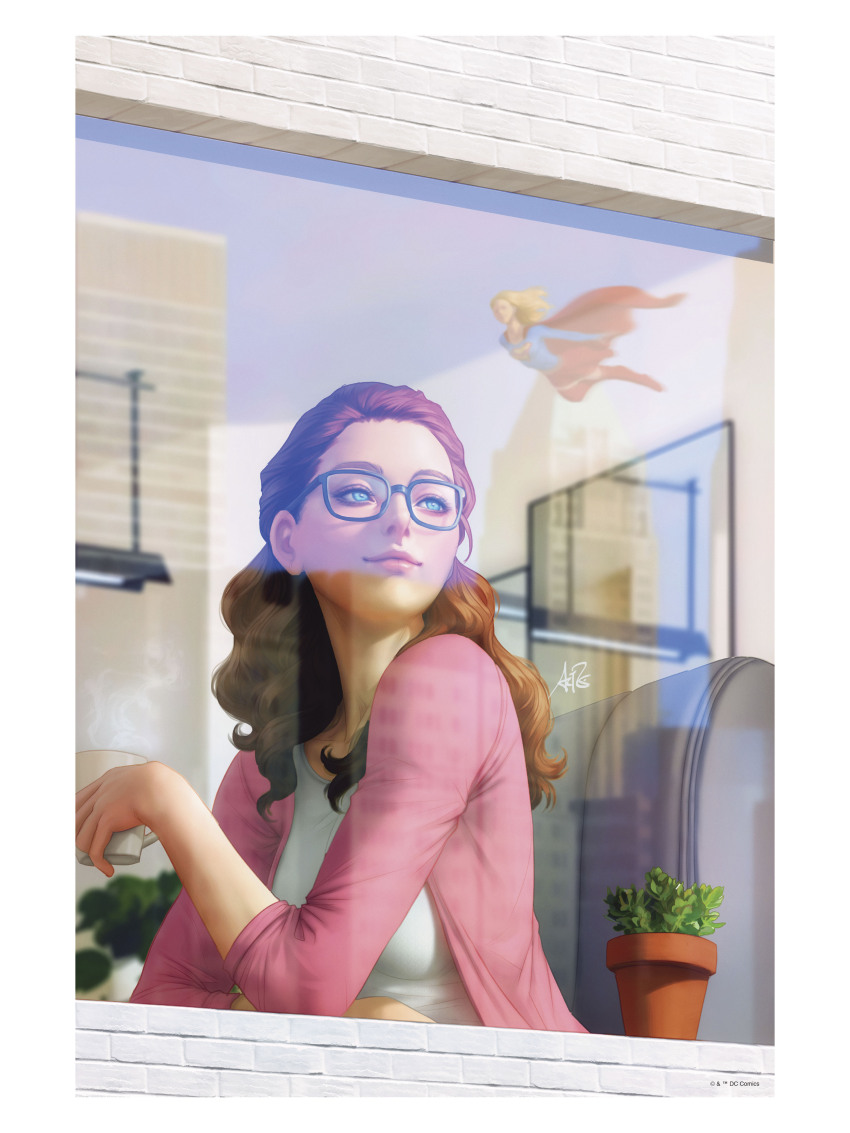 2girls, absurdres, bespectacled, blonde_hair, blue_eyes, breasts, brick_wall, cape