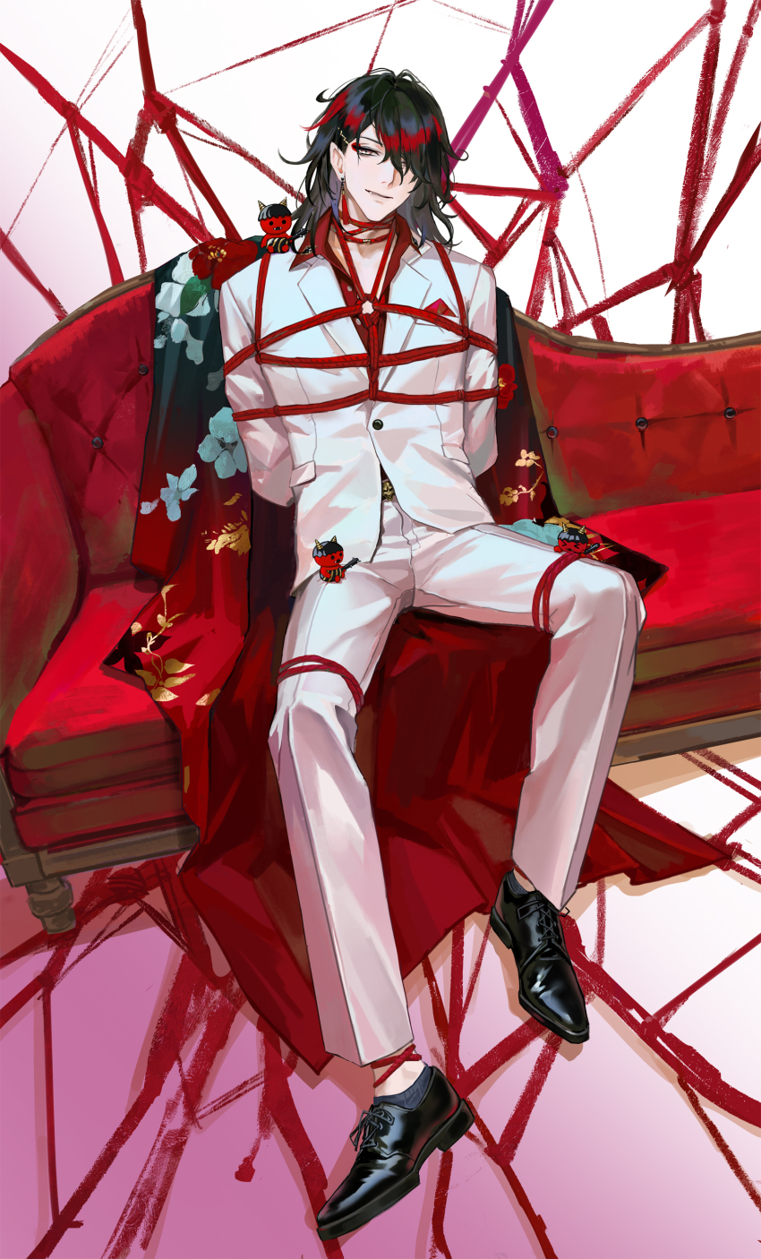 1boy, absurdres, asymmetrical_bangs, black_footwear, black_hair, coat, collarbone, collared_shirt