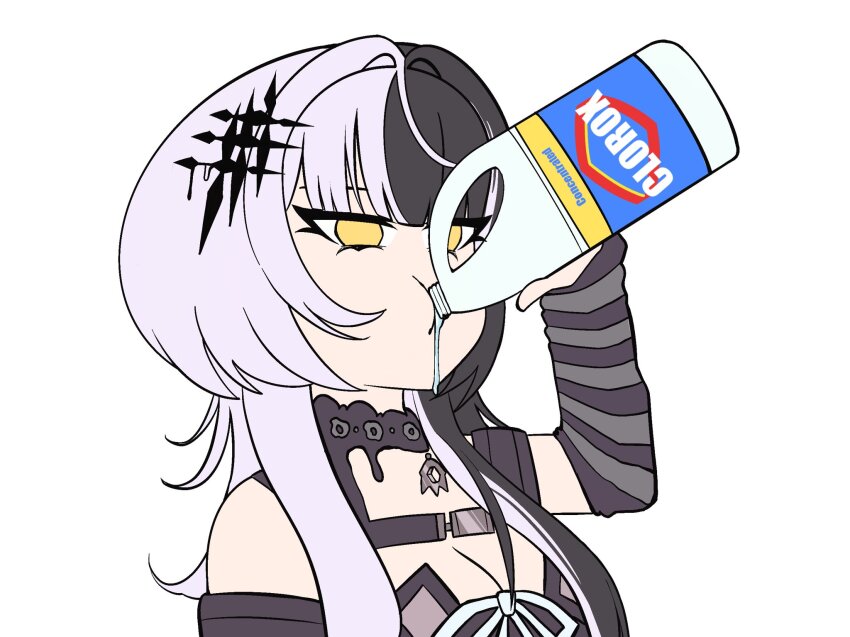 1girl, :t, arm_warmers, black_choker, black_hair, bleach_(chemical), bottle, breasts