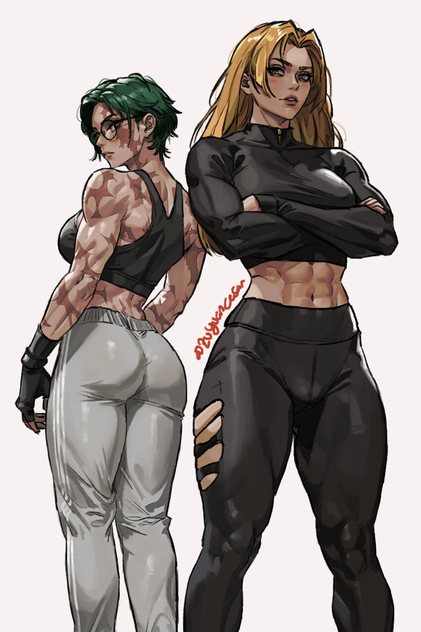 2girls, abs, absurdres, ass, blonde_hair, crossed_arms, fingerless_gloves, glasses