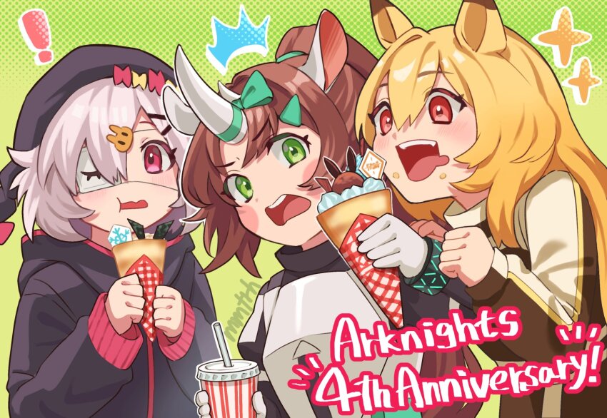 !, 3girls, ^^^, animal_ears, anniversary, arknights, armor, black_hat