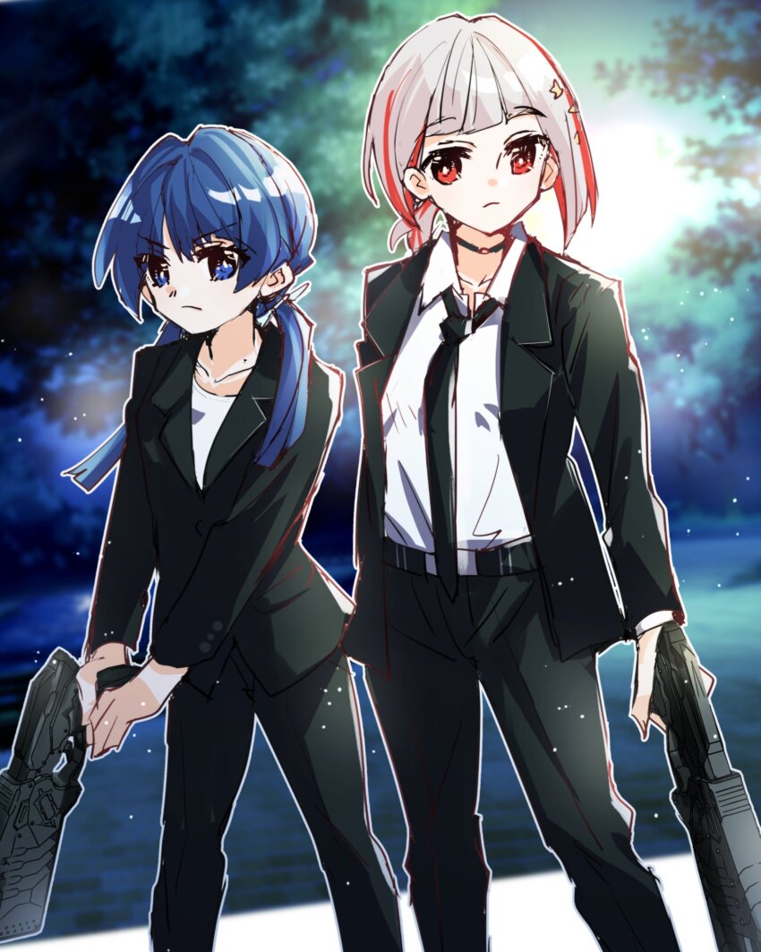 2girls, black_choker, black_jacket, black_pants, blazer, blue_eyes, blue_hair, blue_ribbon