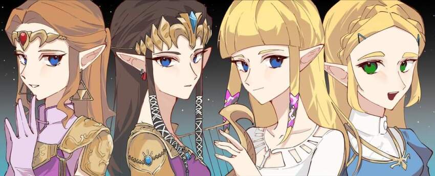 4girls, armor, blonde_hair, blue_eyes, blunt_bangs, brown_hair, closed_mouth, collarbone