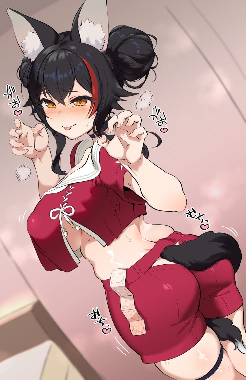 1girl, absurdres, animal_ears, ass, black_hair, blush, breasts, choker