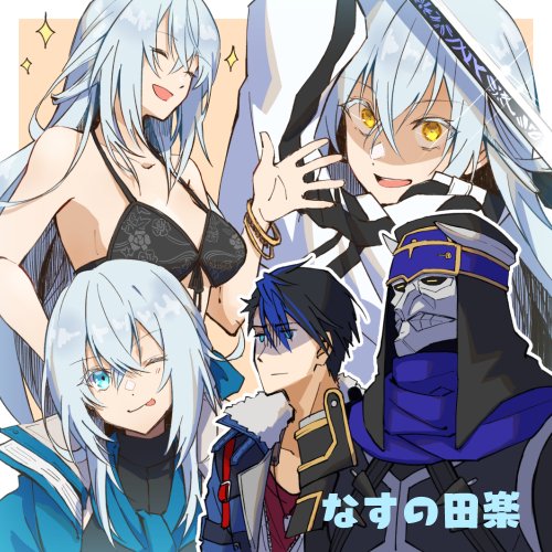 1girl, 2boys, black_bra, black_hair, blue_eyes, bra, bracelet, closed_eyes