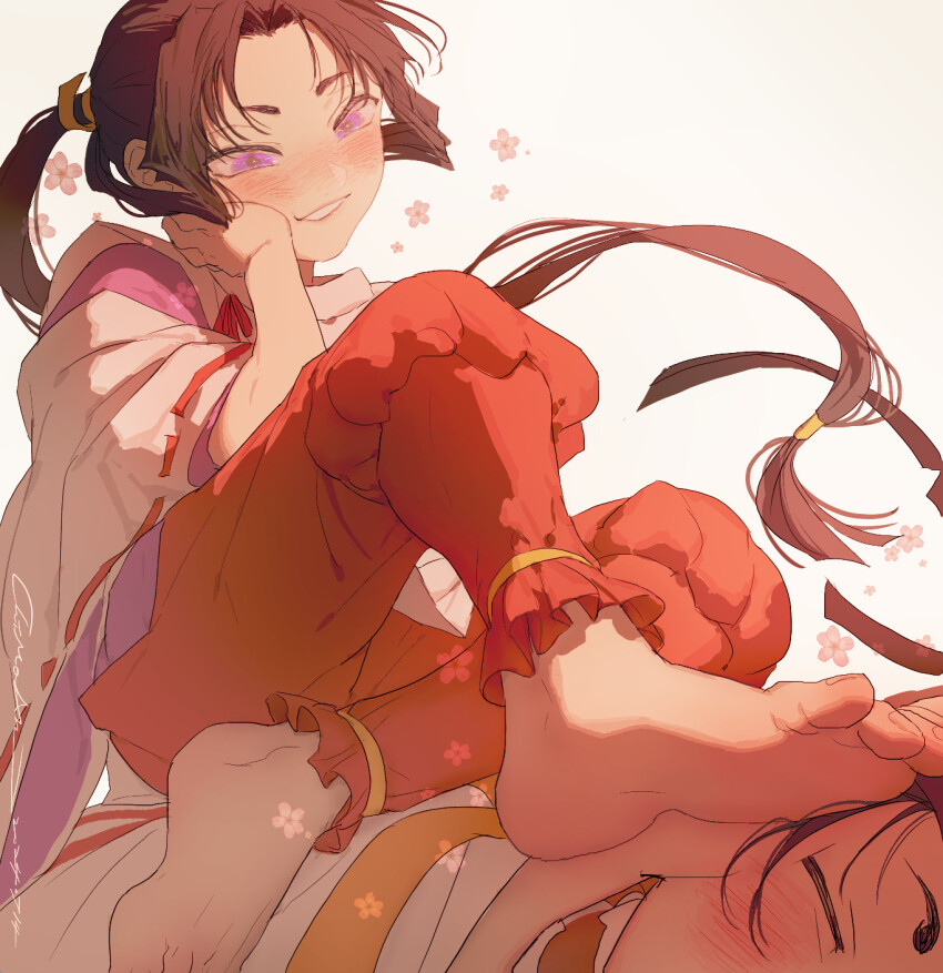 2boys, barefoot, blush, character_request, check_character, cherry_blossoms, feet, forehead, head_rest, highres, houjou_tokiyuki_(nige_jouzu_no_wakagimi), japanese_clothes, knee_up, long_hair, multiple_boys, nige_jouzu_no_wakagimi, orange_pants, pants, parted_bangs, parted_lips, ponytail, purple_eyes, short_eyebrows, signature, simple_background, sitting, sitting_on_person, soles, suwa_yorishige, toenails, toes, trap, very_long_hair, wide_sleeves, yamyanm.k, yaoi