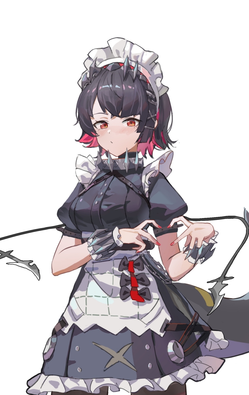 1girl, four-finger_heart_hands, apron, black_bow, black_dress, black_hair, bow, chain