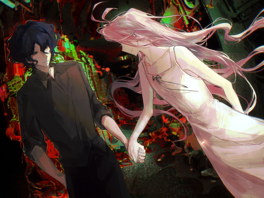 2boys, black_hair, black_pants, black_ribbon, blood, brown_shirt, chinese_commentary, closed_mouth