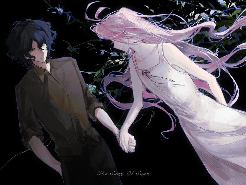 2boys, black_hair, black_pants, black_ribbon, brown_shirt, chinese_commentary, closed_mouth, collarbone, collared_shirt, commentary_request, copyright_name, cosplay, crossdressing, crossdressing_(mtf), curly_hair, dress, grey_eyes, hatsutori_hajime, highres, holding_hands, long_hair, male_focus, multiple_boys, pants, pink_hair, ribbon, saibou_shinkyoku, saya_(saya_no_uta), saya_(saya_no_uta)_(cosplay), saya_no_uta, shirt, short_hair, sleeves_rolled_up, smile, sputniklover-1, trap, utsugi_noriyuki, white_dress